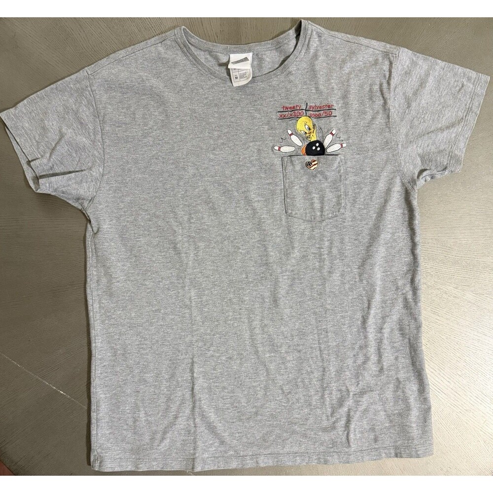 Vintage 1999 Warner Bros Studio Store Tweety Bird Bowling Pocket T-Shirt Gray M